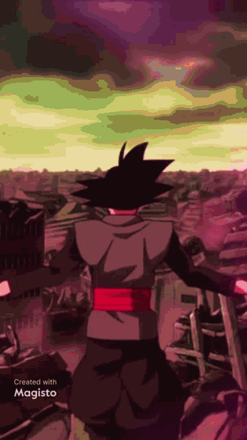 a cartoon of a man standing in front of a city with the words created with magisto at the bottom