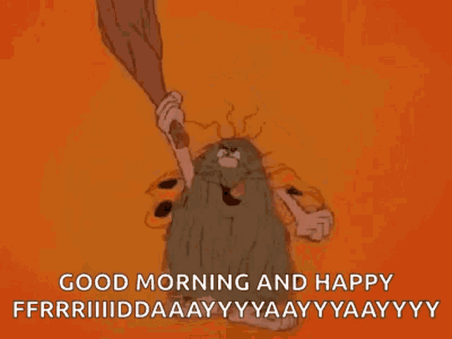 a cartoon character with a beard is holding a bat and says `` good morning and happy '' .