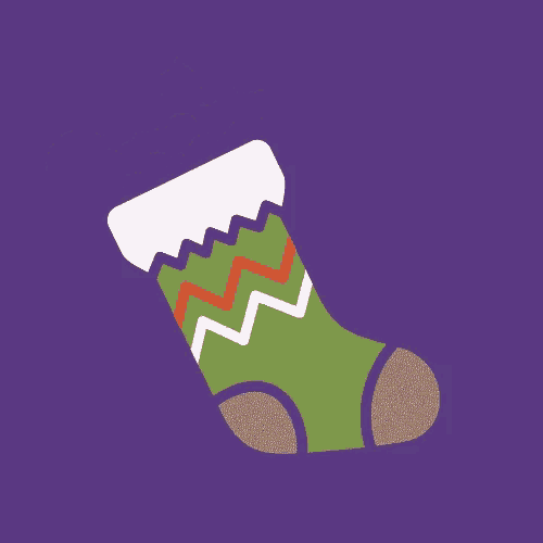 a green christmas stocking with a candy cane and holly on a purple background