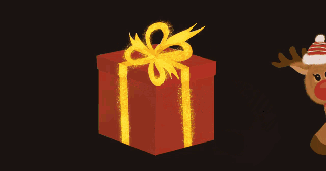 a reindeer wearing a santa hat sits next to a gift box that says " tax free year "