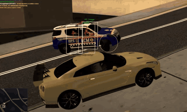 a screenshot of a video game shows a police car and a car with the word omega on it