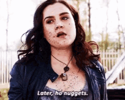 a woman with a lot of spots on her face says `` later , ho nuggets '' .