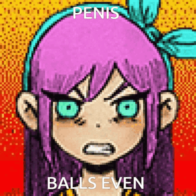 a pixel art drawing of a girl with purple hair and blue eyes with the caption penis balls even