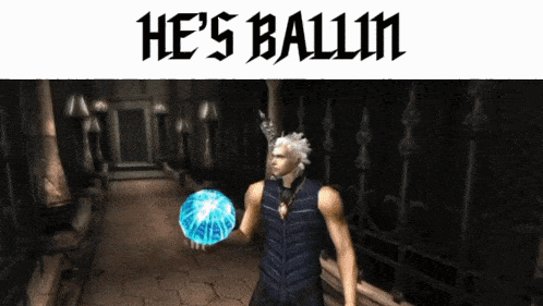 a man holding a blue ball with the words he 's ballin on the bottom