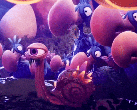 a cartoon snail with a big eye is surrounded by a bunch of monsters