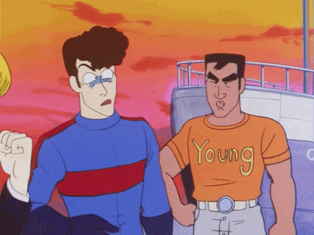two cartoon characters standing next to each other with one wearing a young shirt