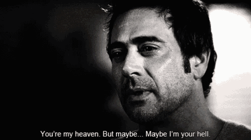 a black and white photo of a man with the words you 're my heaven but maybe maybe i 'm your hell