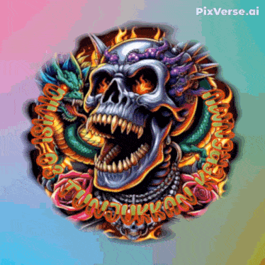 a picture of a skull with a dragon and the words pixverse.ai on the bottom