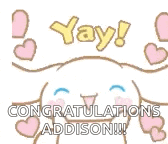 a congratulations sticker with a cinnamon roll and hearts