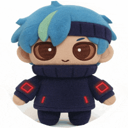 a stuffed toy with blue hair and a black sweater
