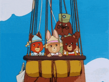 a group of teddy bears flying in a hot air balloon