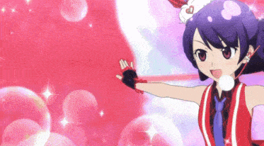a girl in a red and white outfit is holding a red heart in her hand