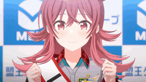 a girl with pink hair is standing in front of a sign that says m on it