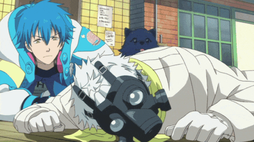 a blue haired anime character laying on the floor next to a black dog