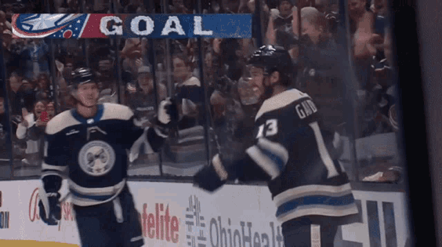 two hockey players celebrate a goal with a banner that says goal