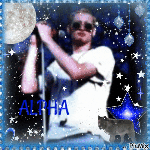 a picture of a man singing with the word alpha written in blue