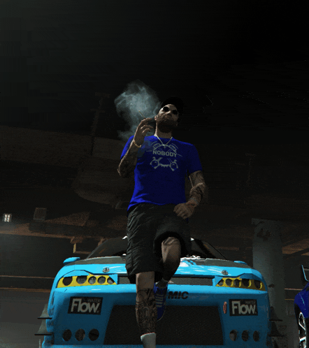 a man smoking a cigarette in front of a blue car that says flow