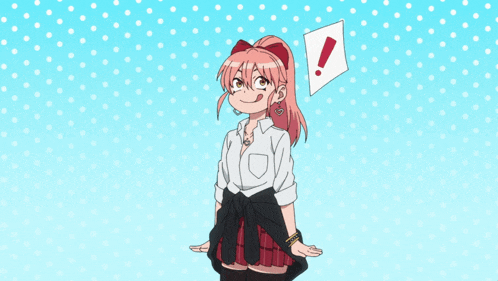 a girl with a red bow on her head has an exclamation mark above her head
