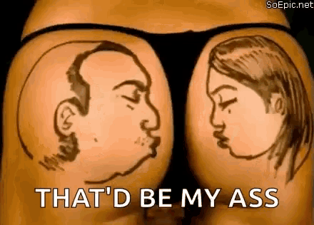 a woman has a drawing of a man and a woman on her butt