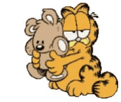 garfield is holding a brown teddy bear in his arms .