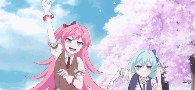a girl with pink hair is standing next to another girl