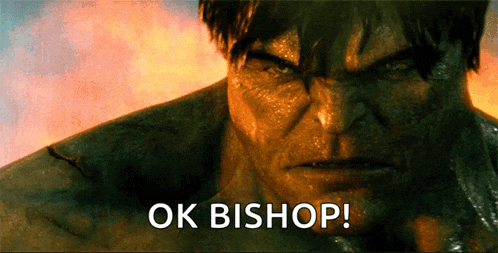 a close up of a man 's face with the words ok bishop below him