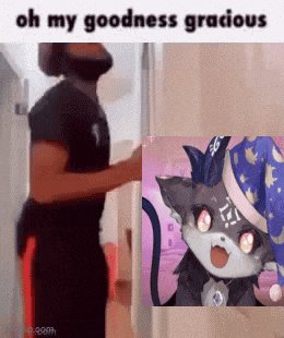 a man is standing in front of a door next to a picture of a cat wearing a hat .