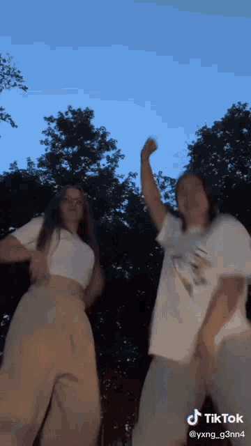 two girls are dancing in front of a blue sky with tiktok written on the bottom right