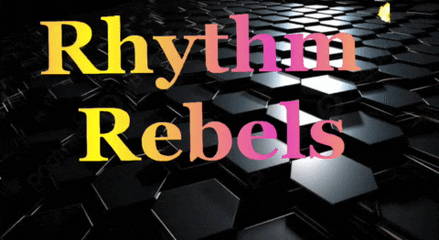 rhythm rebels is written in pink and yellow on a black background