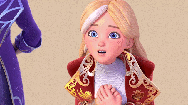a cartoon girl with blue eyes is wearing a red and gold jacket
