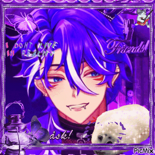 a picture of a boy with purple hair and the words " friends " on the bottom right