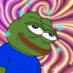 a frog wearing a blue shirt is smiling with a swirl behind him