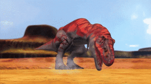 a red dinosaur is standing in a desert