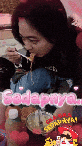 a woman is eating noodles with the words sedapnya written in pink
