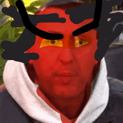 a drawing of a man 's face with a red face and yellow eyes