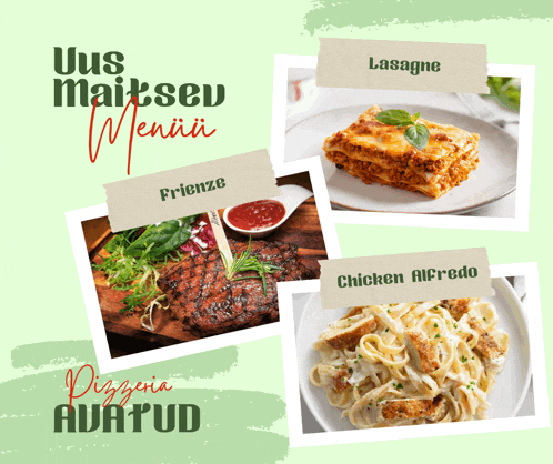 a menu for pizzeria avutud shows a steak lasagna and chicken alfredo
