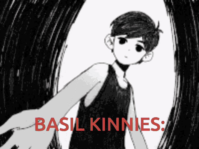 a black and white drawing of a person with the words basil kinnies in red