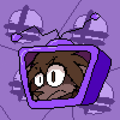 a pixel art drawing of a cat in a purple box on a purple background