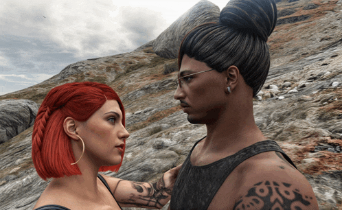 a man and a woman are looking at each other in front of a mountain