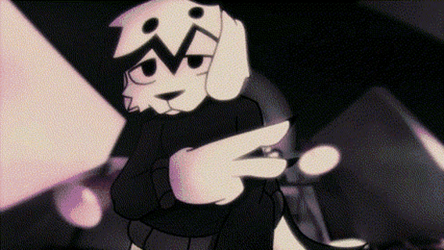 a black and white cartoon dog is holding a microphone and making a peace sign .