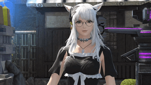 a woman with white hair wearing glasses and a black dress