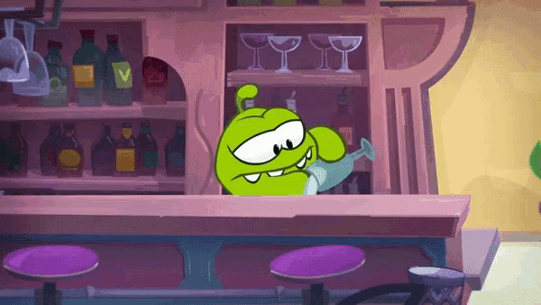 a green cartoon character is standing in front of a bar
