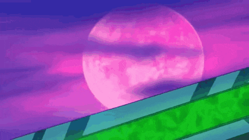 a cartoon landscape with a pink moon in the sky