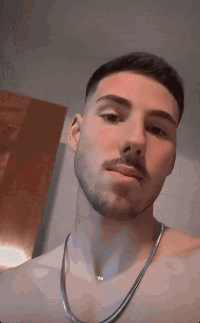 a shirtless man with a beard is wearing a chain around his neck
