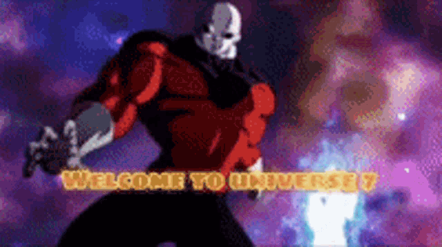 a cartoon character is standing in front of a welcome to universe 7 sign .