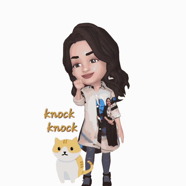 a cartoon character with a cat and the words knock knock on the bottom