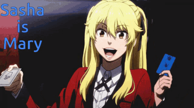 sasha is mary is the name of the anime character holding a card