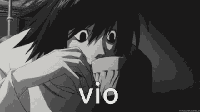 a black and white image of a person with the word vio on the bottom right
