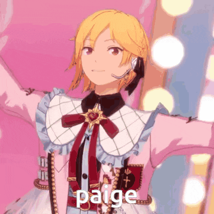 a girl in a pink dress with the word paige on her chest is standing in front of a pink curtain .