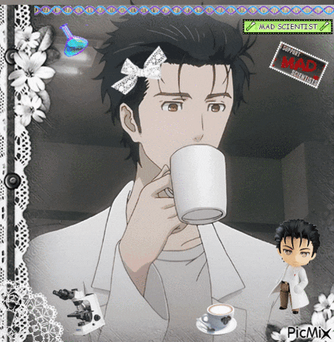a picture of a mad scientist drinking a cup of coffee from a mug